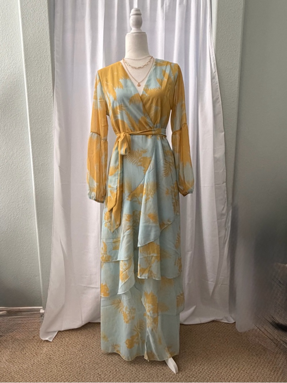 Light Blue and Mustard Floral Maxi Dress Resort Wedding Guest